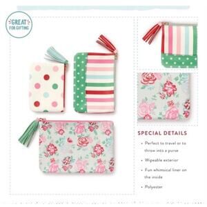 Matilda Jane Pouch Set Of 3 Polka Dot Stripe Pink Green Floral Whimsical Girly